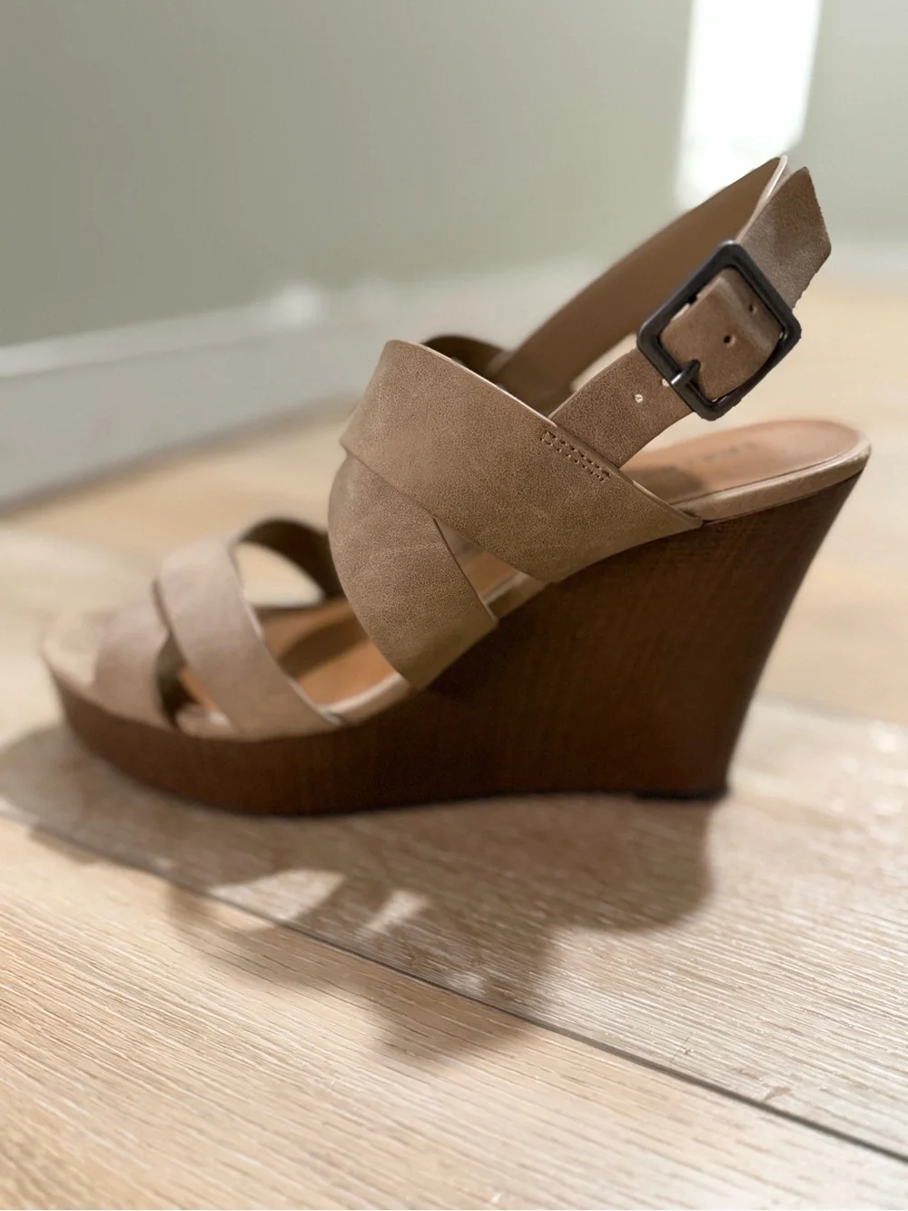 Women's Taupe Crossband Wedge Sandals with Ankle Strap